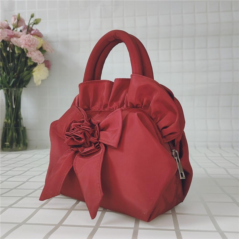 1pc Bowknot Ladies Handbag New Solid Color Top Handle Middle Bag With Zipper Summer Purse - Red and Light Green Floral Design, Polyester Material