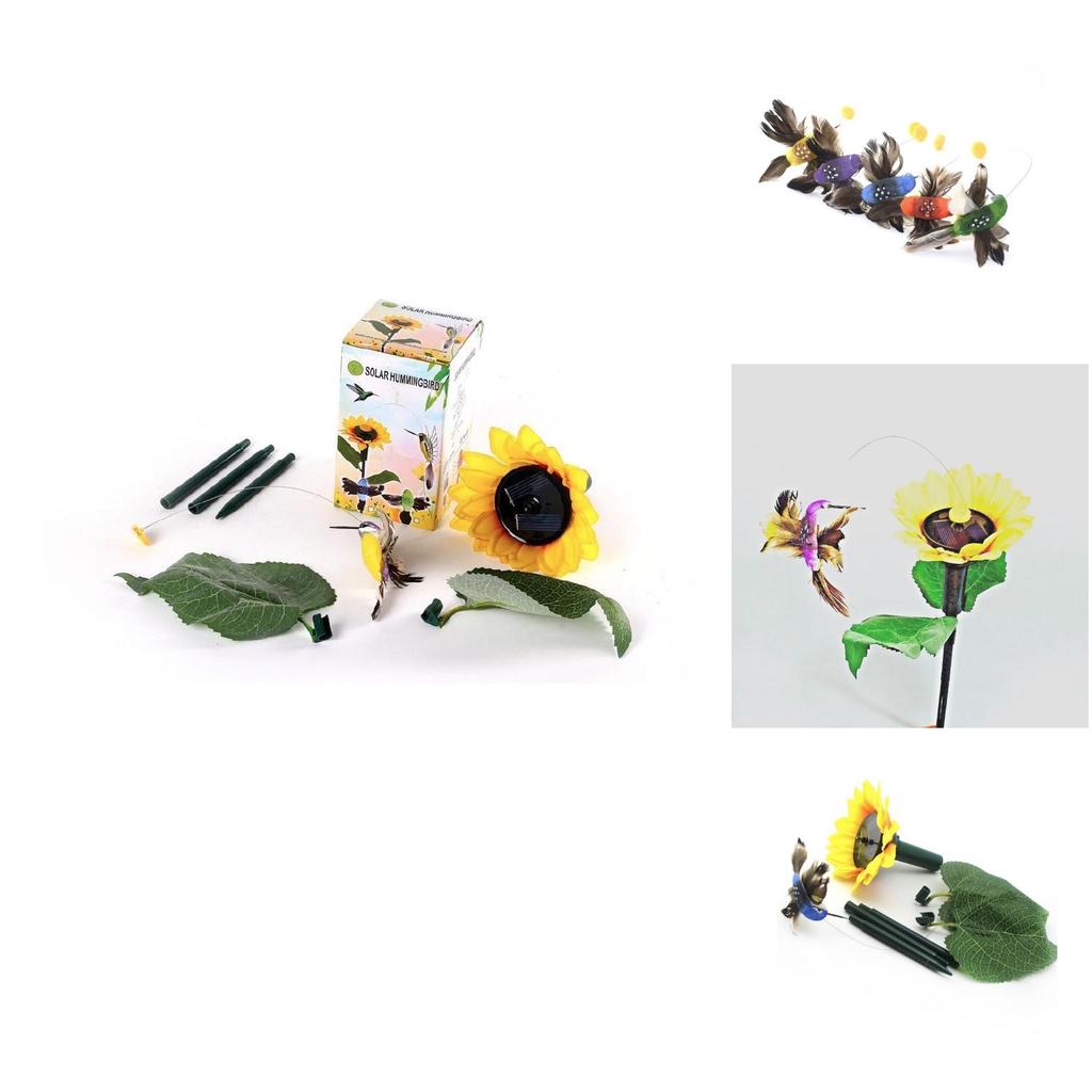 Elegant Sunflower Garden Stake Featuring Solar Powered Fluttering Hummingbird Design