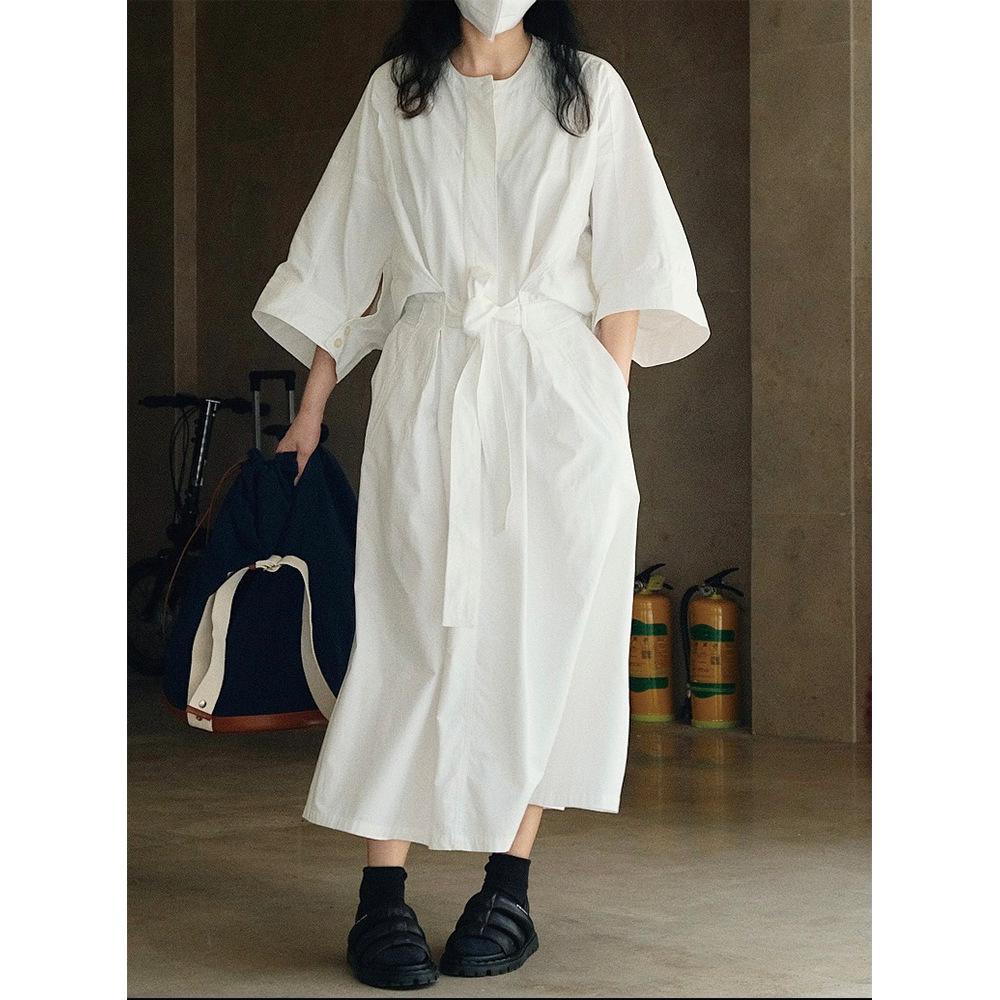 

Johnature Японський вантаж сорочка плаття весна літо повсякденне однотонний вільний краватка талія літературне просте плаття M білий