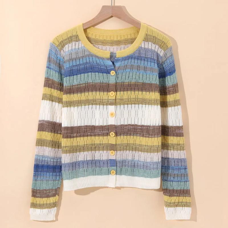 Spring Autumn Women Sweaters Cardigan V-Neck Color Striped Single Breasted Korean Fashion Casual Loose Long Sleeve Knitted Tops