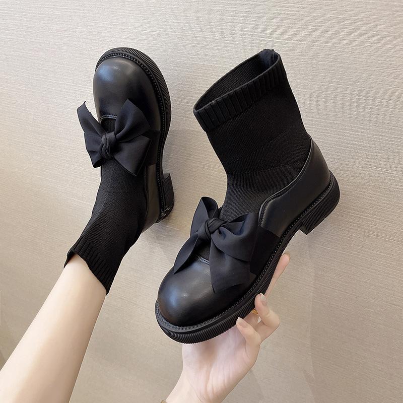 Elastic French Socks Boots Women's Bow Short Boots Small Leather Shoes Spring and Autumn Black Martin Boots Women's Splicing New Models