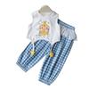 Summer Girls 2 Piece Set Cartoon Print Vest With Lace Trim And Plaid Mosquito Proof Pants Cute Outfit For Kids