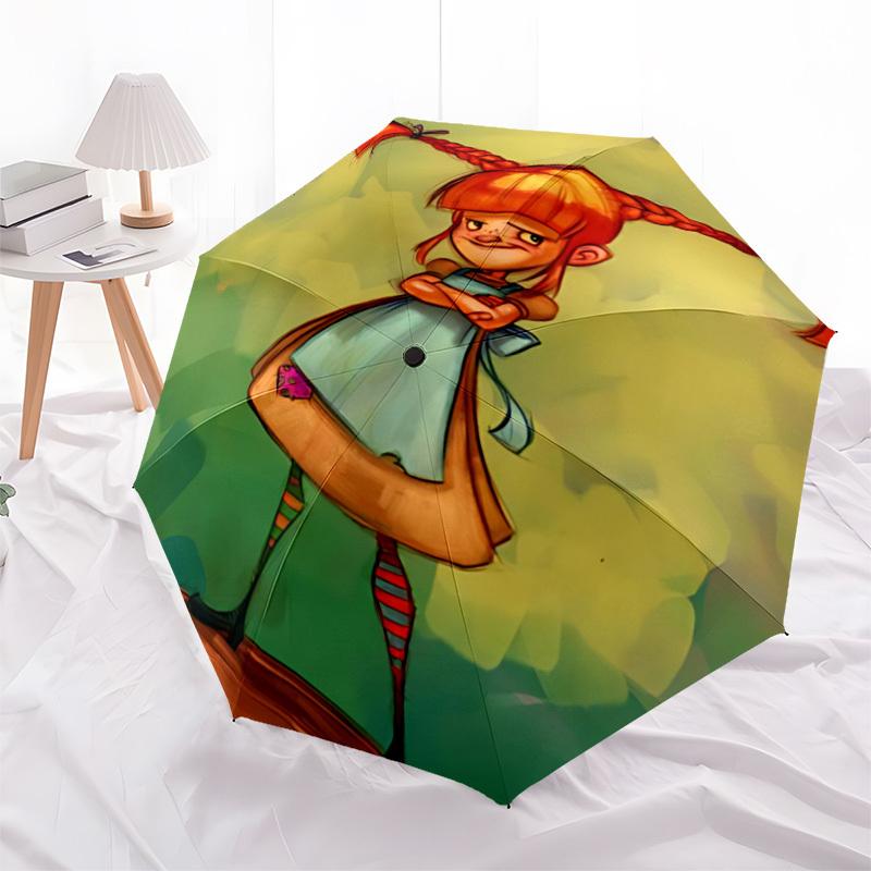 1PC Pippi Longstocking Automatic Folding Umbrella - Compact 8-Rib Design, Durable Plastic & Iron,  F010619