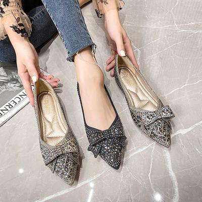 Chaussures simples pointues françaises pour femmes 2025 nouveau bouche peu profonde strass fond plat semelle souple quatre saisons fleur papillon ladyshoes tempérament bateau