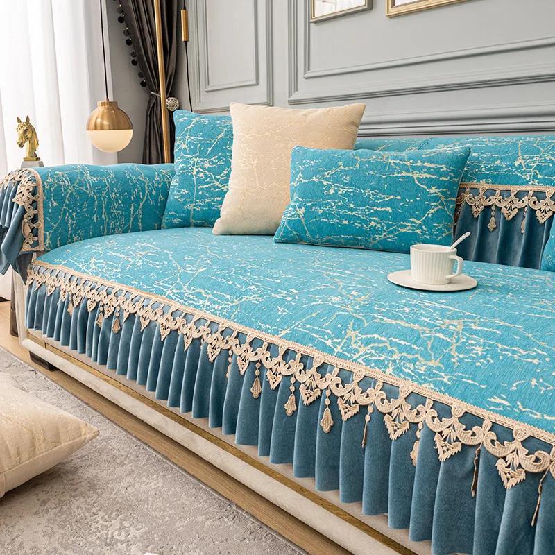 Europeisk sittesofatrekk Stue Four Seasons Universal Sofaputer Sklisikker sofa Håndkletrekk med utsøkt blondekant