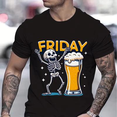 Cartoon Skeleton Cheering T-shirt Men Beer Friday Cheering Skull Print Fashion Casual Top Skeleton Beer Graphic Cartoon T-shirts