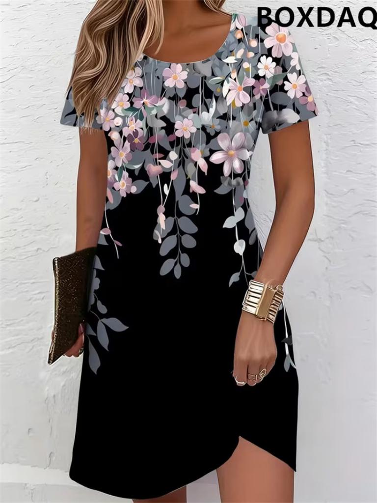 Women's Summer Dress Fashion Flower Pattern Printed Comfortable Women's Clothing Short Sleeve Round Neck Casual Loose Dress