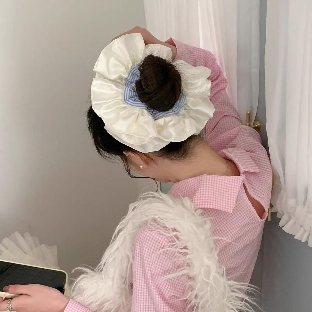 Korean Version, Oversized, Blue Striped Headband, High-end Feel, Ballet Style, Satin Headband with Meatballs, Versatile Headband
