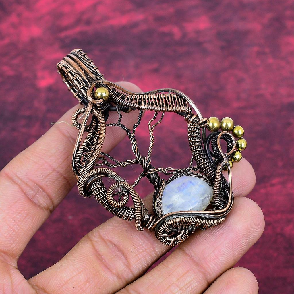 Tree Of Life Rainbow Moonstone Gemstone Pendant Copper Wire Wrapped Antique Jewelry