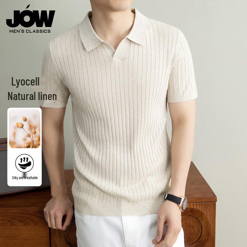 JOW Men s Jacquard Stripe Tencel Linen Seagull Collar T-shirt 175/L