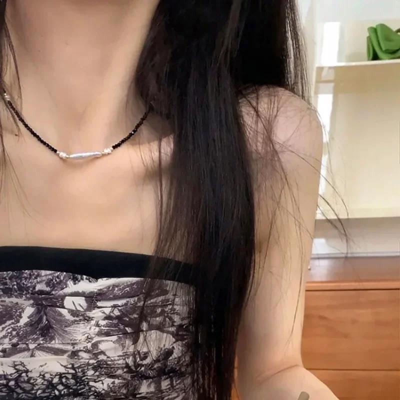 Irregular Faux Pearl Black Crystal Natural Stone Beaded Choker Necklace For Women Daily Wear Jewelry
