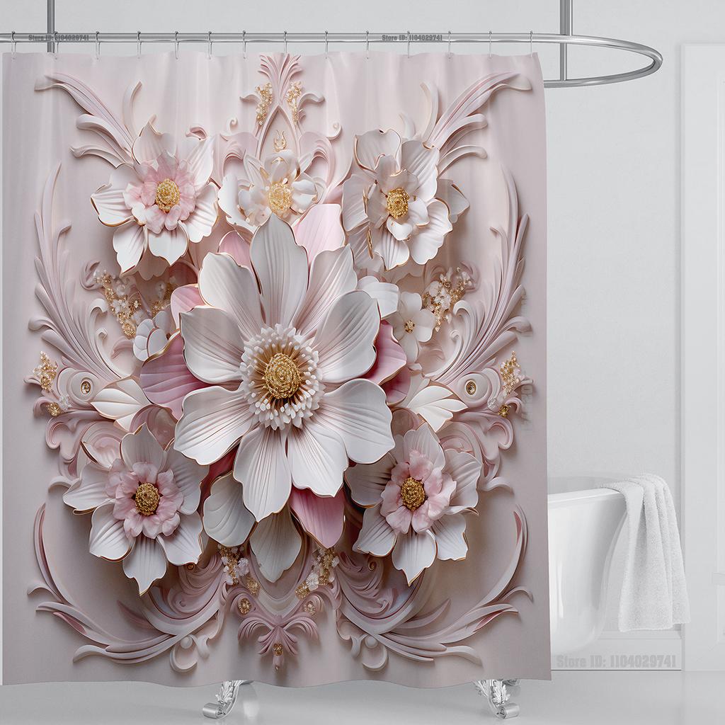 3D Flower Shower Curtain Set Colorful Printing Design Fabric Bathroom Decoration Waterproof Washable Shower Curtain With Hooks