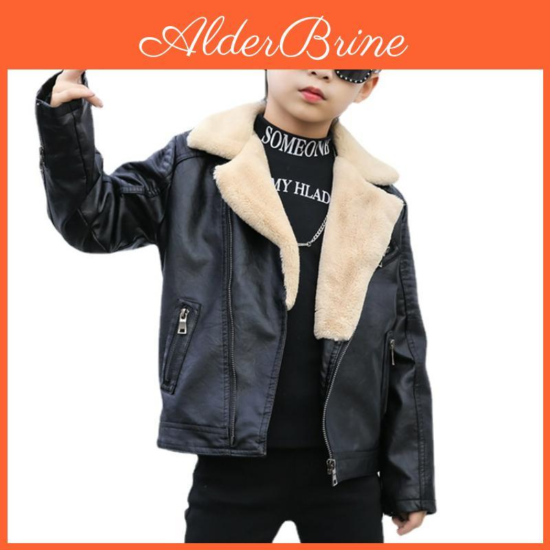 Childrens Clothing Leather Fleece Boys Winter Korean Style Lapel Fur Collar Motorcycle Jacket Coat