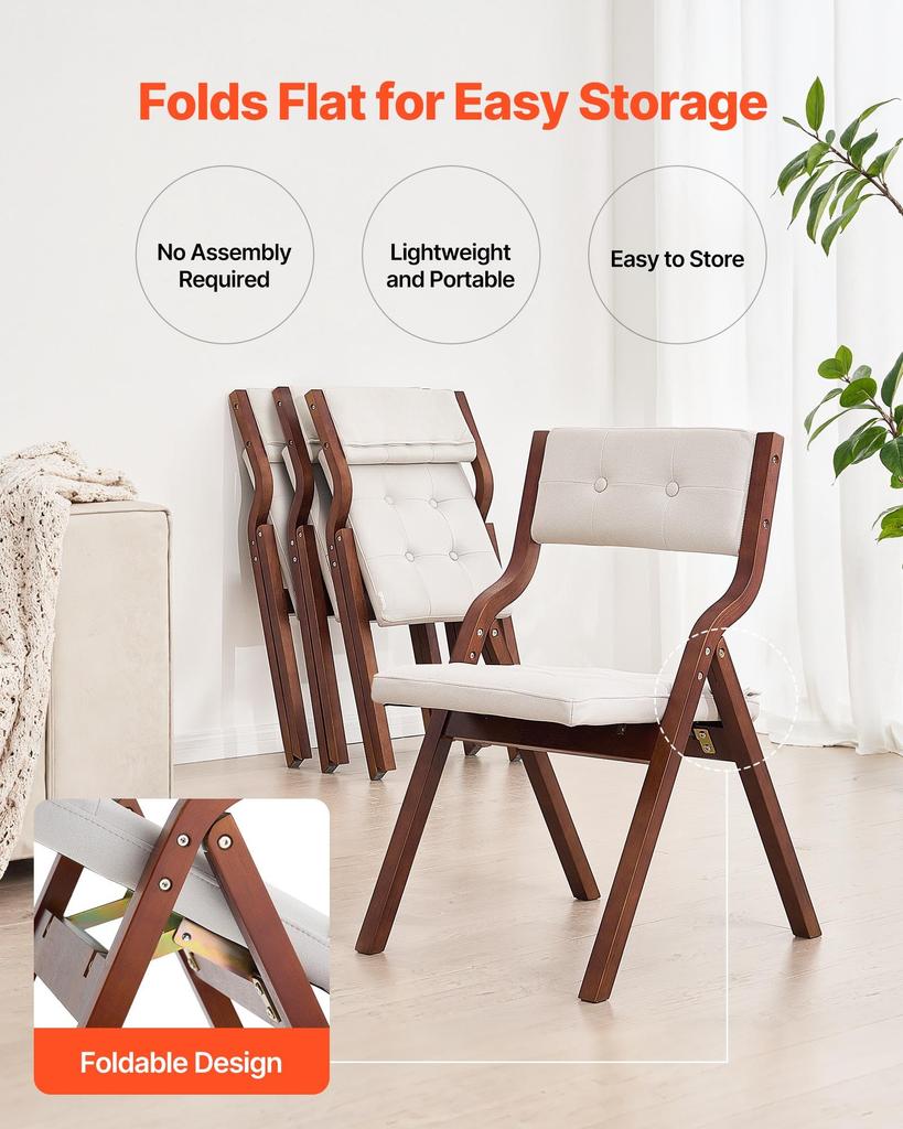 VEVOR Sillas Plegables de Madera con Cojín, Juego de 2, Silla Plegable Portátil con Cojín y Marco de Madera, Silla de Comedor Moderna Acolchada para Cocina, Oficina