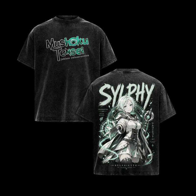 Mushoku Tensei Sylphy Printed Tee Men Women Retro Washed T-shirts Oversized Cotton T Shirt Short Sleeve Clothing Harajuku Tshirt