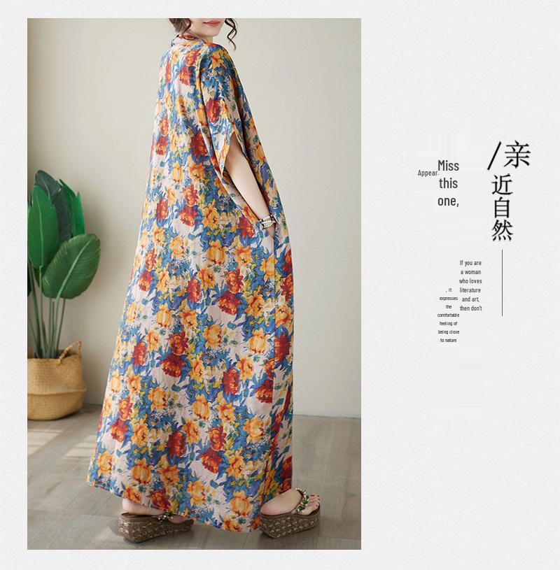 2024 Summer V-Neck Cotton & Linen Loose Retro Beach Dress for Women - Plus Size, Slimming, Long Robe Style