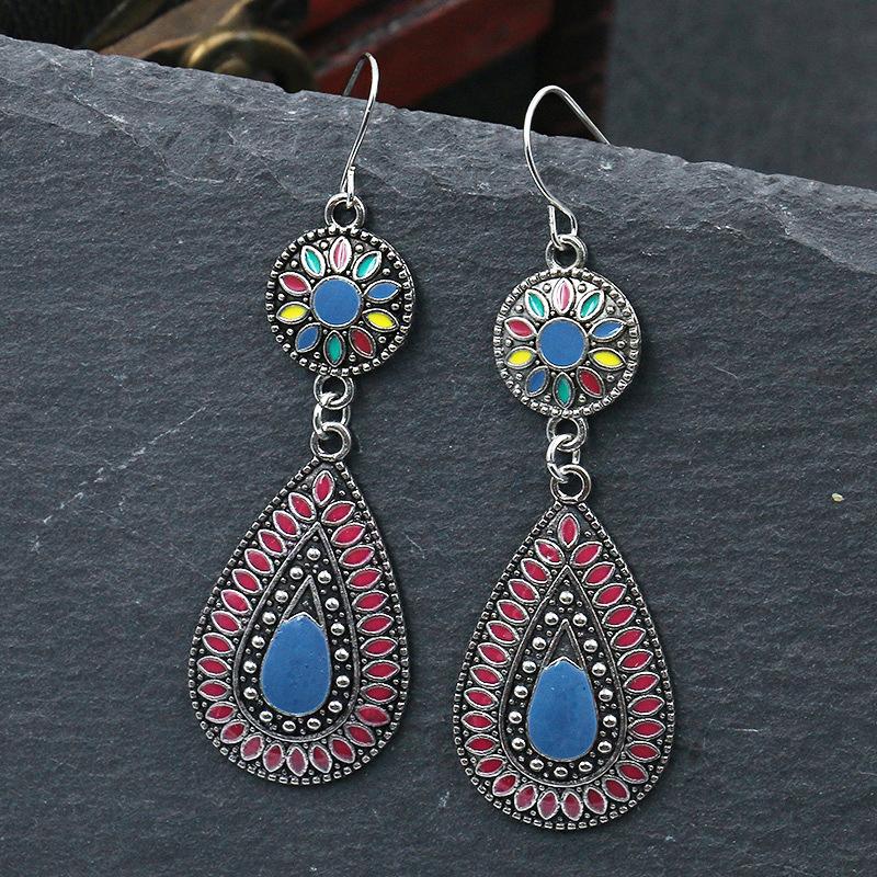 Ethnic Boho Colorful Enamel Earrings For Women Bomemian Retro Hollow Flower Round Geometric Vintage Drop Dangle Earrings Jewelry