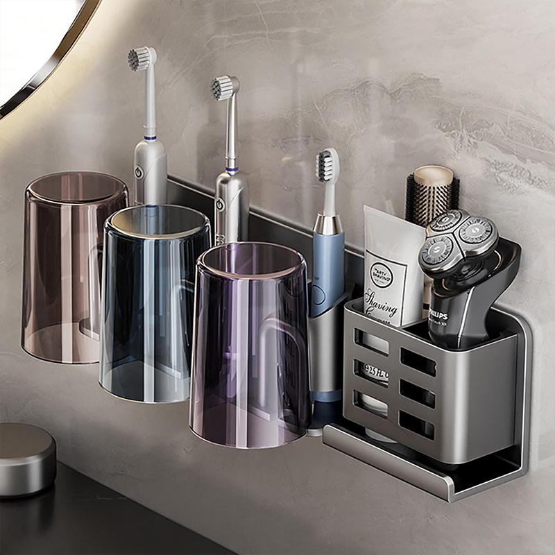 1pc Aluminum Electric Toothbrush Storage Rack Bathroom Wall-mounted Punch Free Toothbrush Razor Cup Holder Bathroom Organizer
