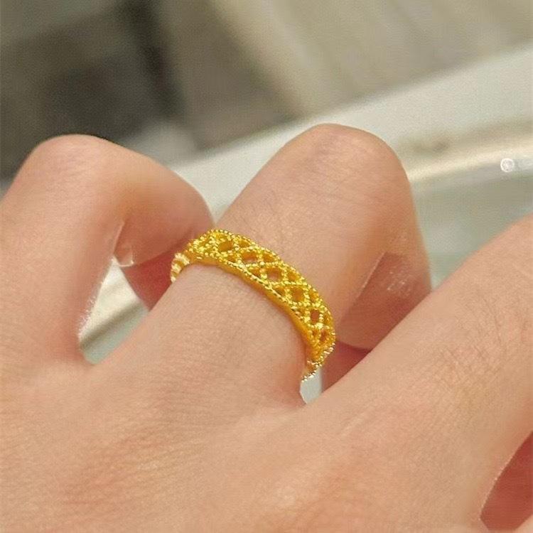 Rich Flower Gold Lace Hollow Open Ring Fashion French Trend Niche Plain Ring Light Luxury Style Versatile Ring