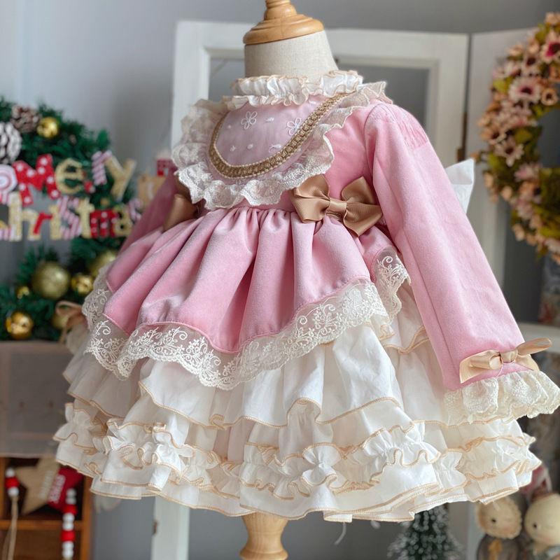 Vestido de Princesa Lolita de Renda de Veludo para Menina Bebê Criança Vintage Elegante Laço Tutu Vestido Natal Bebê