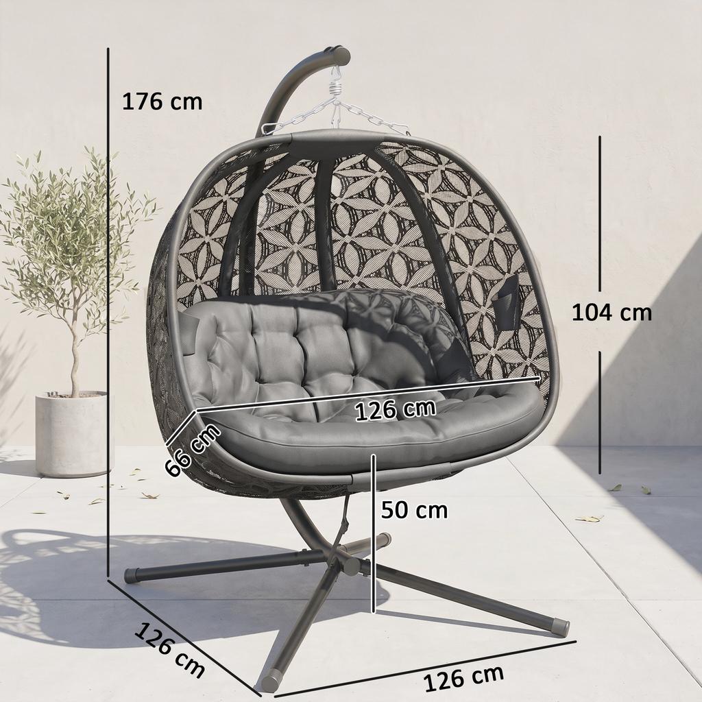 Outdoor Double Hanging Chair with Cushion and Cup Holders, Charcoal Grey