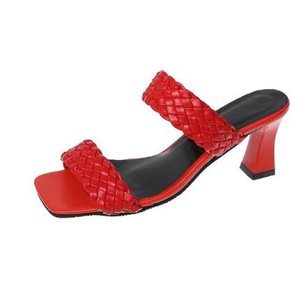 Summer Newest High-Heeled Shoes Women S Woven Thick-Heeled Slippers Women S Fashion One Word Sandals And Slippers C168 38