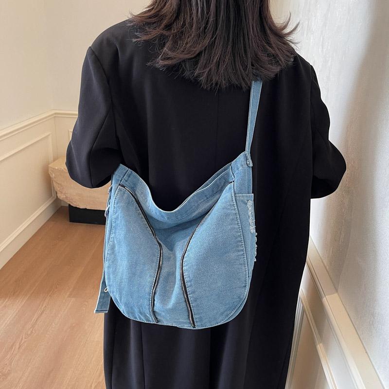 Denim Messenger Bag med Stor Kapacitet Dam Vintage Axelväska Crossbody-väska
