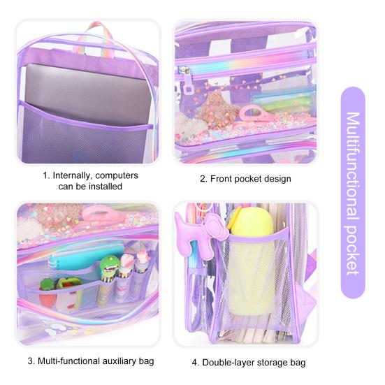 Kids Clear Backpack Waterproof Student Backpack with Love Heart Prints Book Bag with Front Zipper Pockets for Boys Girls School Street