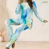 Women Plus Size Dark Blue Printed Two Piece Set Round Neck Long Sleeve Longline Top Fitted Pants
