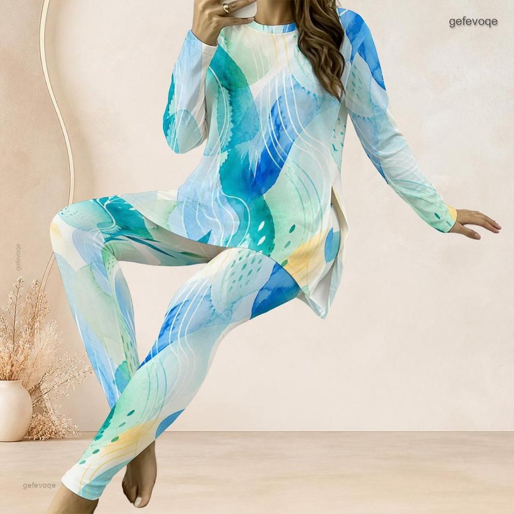 Women Plus Size Dark Blue Printed Two Piece Set Round Neck Long Sleeve Longline Top Fitted Pants