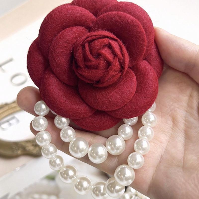 1pc Elegant Women's Camellia Flower Faux Pearl Tassel Brooch Pin For Shirt Collar Clothing Accessory, Party And Wedding Gift Valentines
