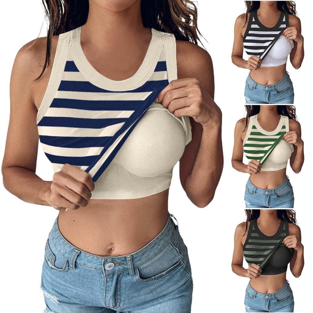 Women's Fashion With Bra Round Neck Striped Vest Sexy Bottom Top