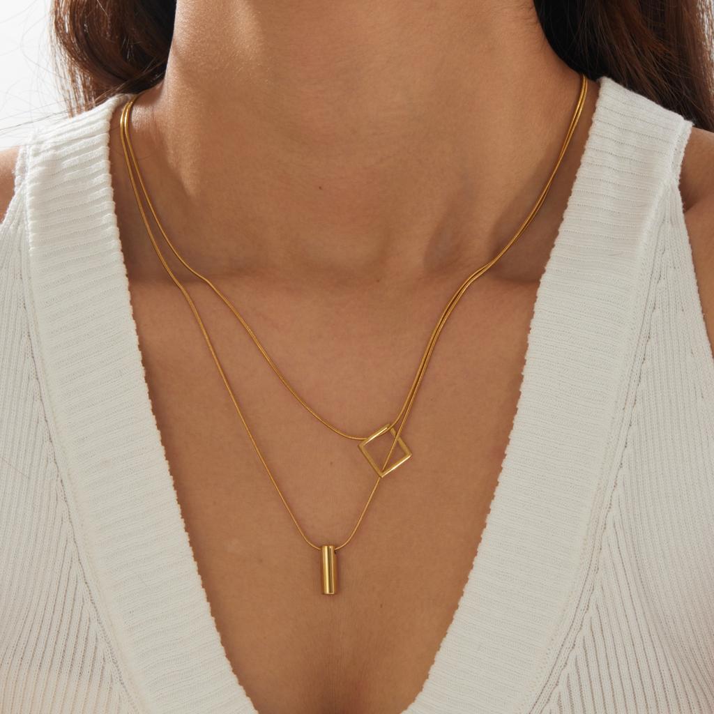 DIEYURO 316L Stainless Steel Golden Square Cylinder Geometry Pendant Necklace Lady Double-layer Neck Chain Minimalist Jewelry