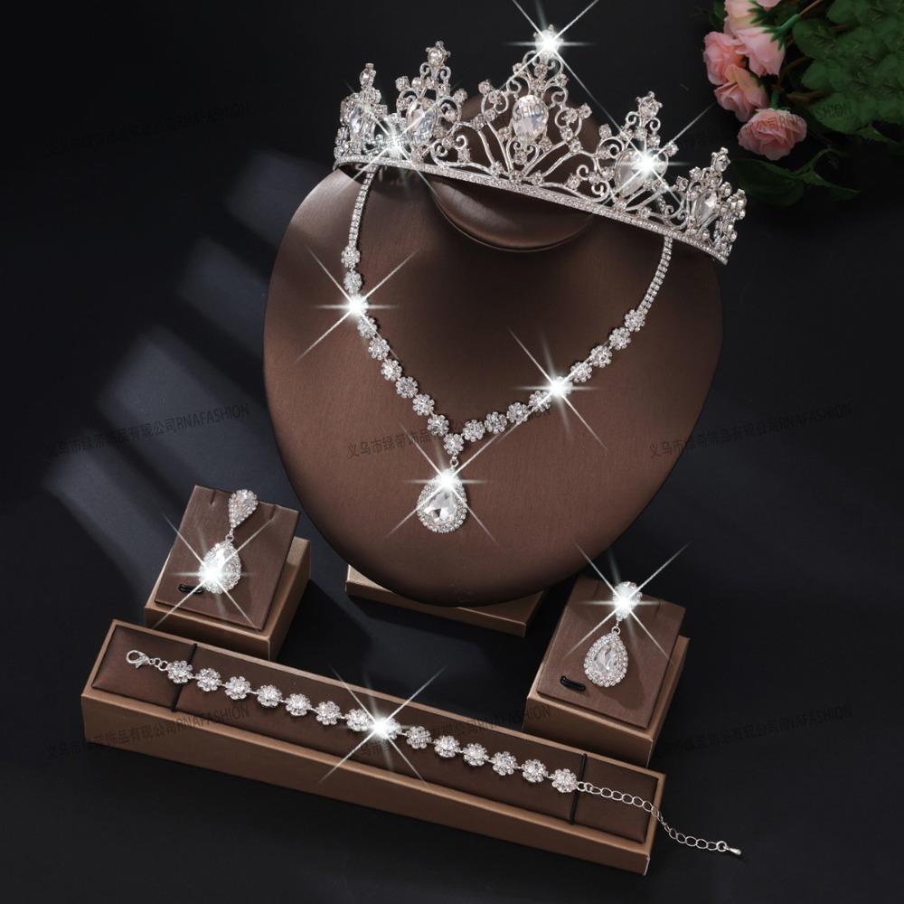 Wedding Jewelry Set, Necklace, Stud Earrings, Bracelet, Three-piece Set, Full of Diamonds and Flowers, Multi-color Set.