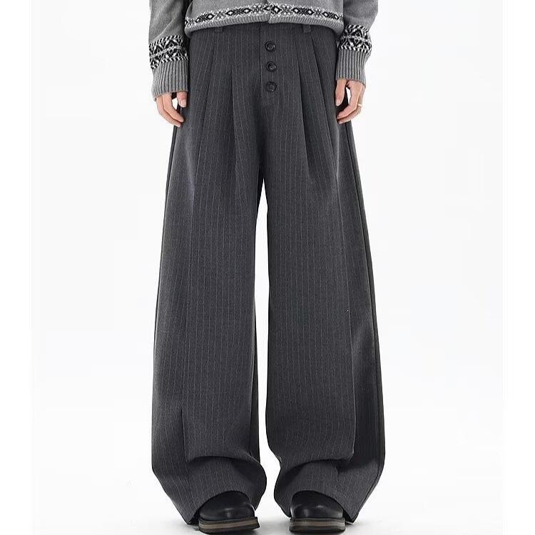 American striped straight pants men's retro long-breasted buckle versatile old money style couple casual pants