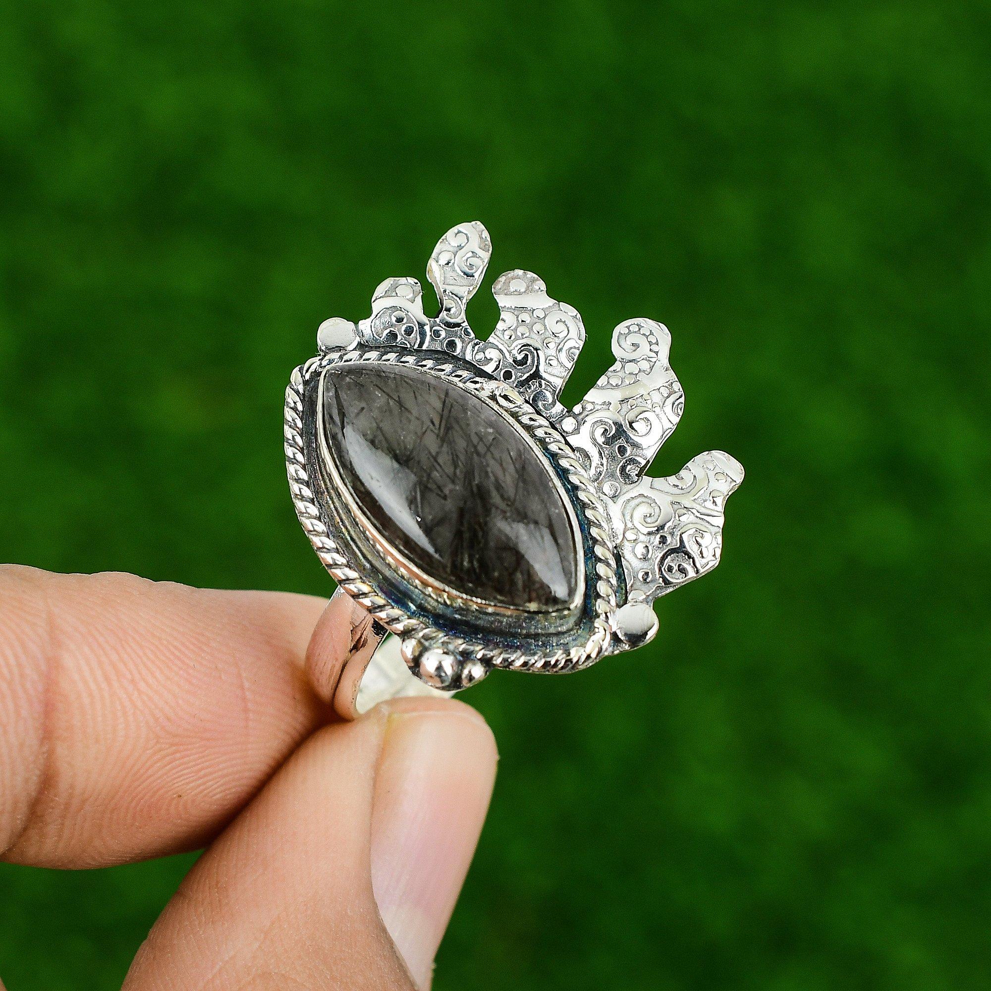 

Natural Black Rutile Gemstone 925 Silver Statement Adjustable Ring For Girls Adjustable