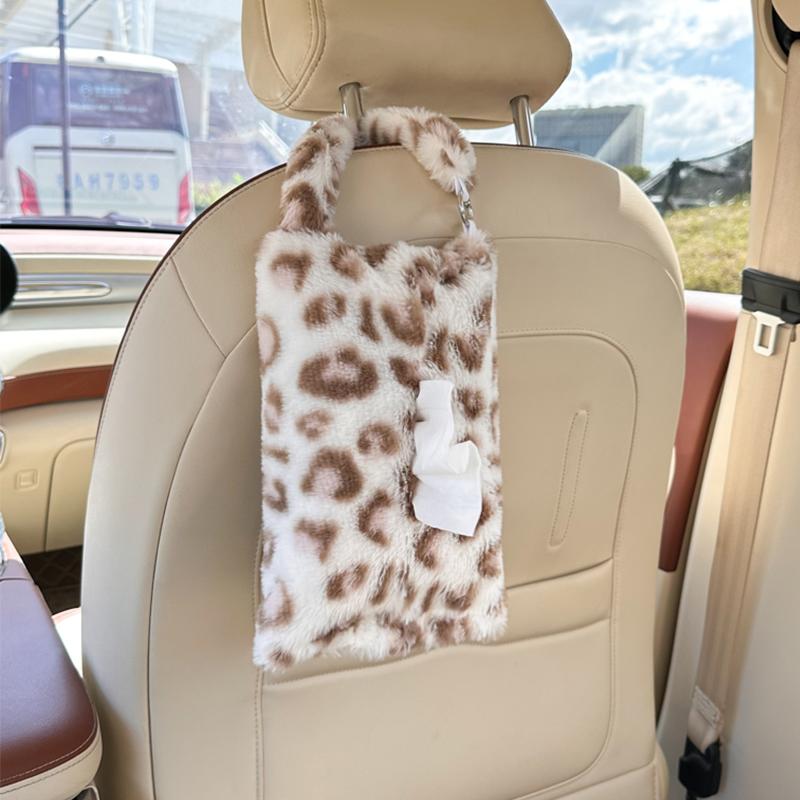 Leopard print car tissue box plush hanging car seat tissue box cute car interior decoration tissue hanging bag