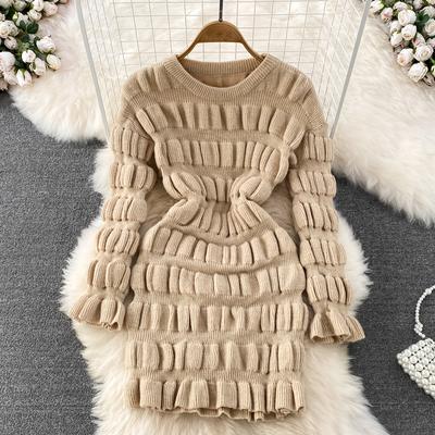 Autumn Winter Folds Knitted Sweater Dress Women Fashion Casual Solid Full Sleeve Mini Short Knitwear