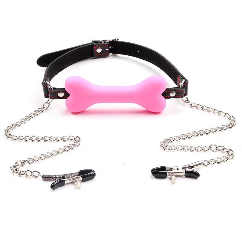 Silicone Bone Gag with Nipple Clamps - Adult SM Sex Toy for Couples