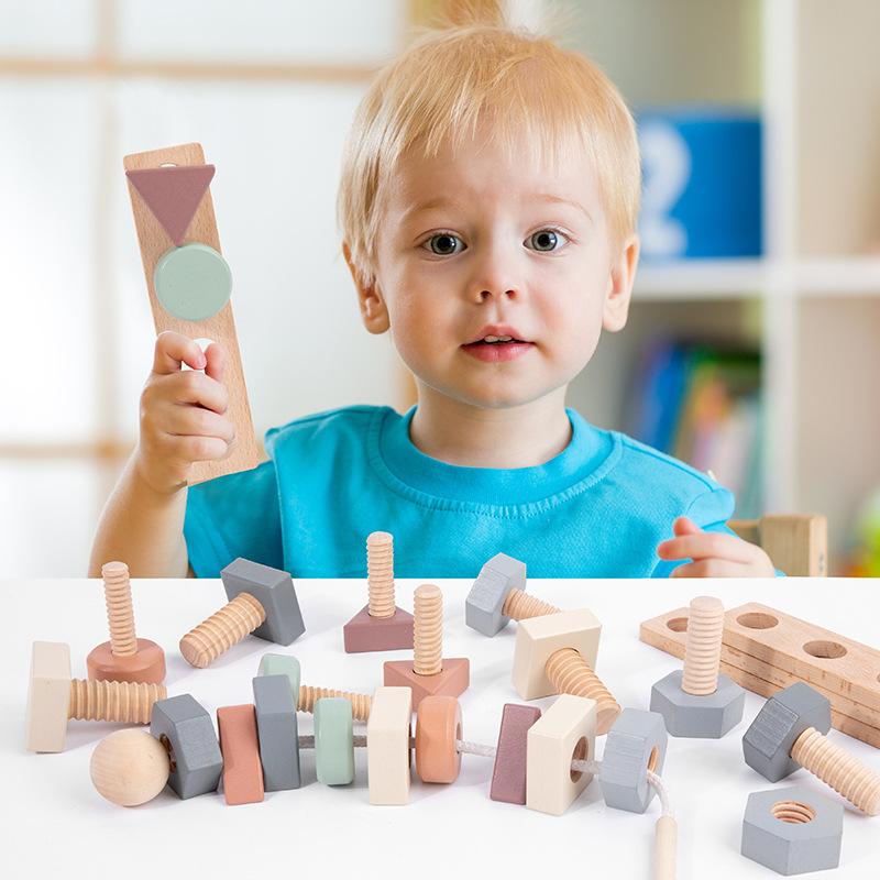 Children's Wooden Nut Color Shape Matching Game Kindergarten Early Education Puzzle Screw Combination String Toy