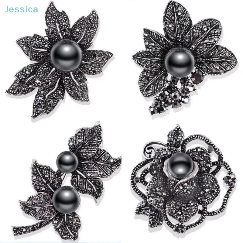 Vintage Rhinestone Black Pearl Alloy Bow Brooch Women's Clothing Accessory Pin Gifts Jewelry Accessories