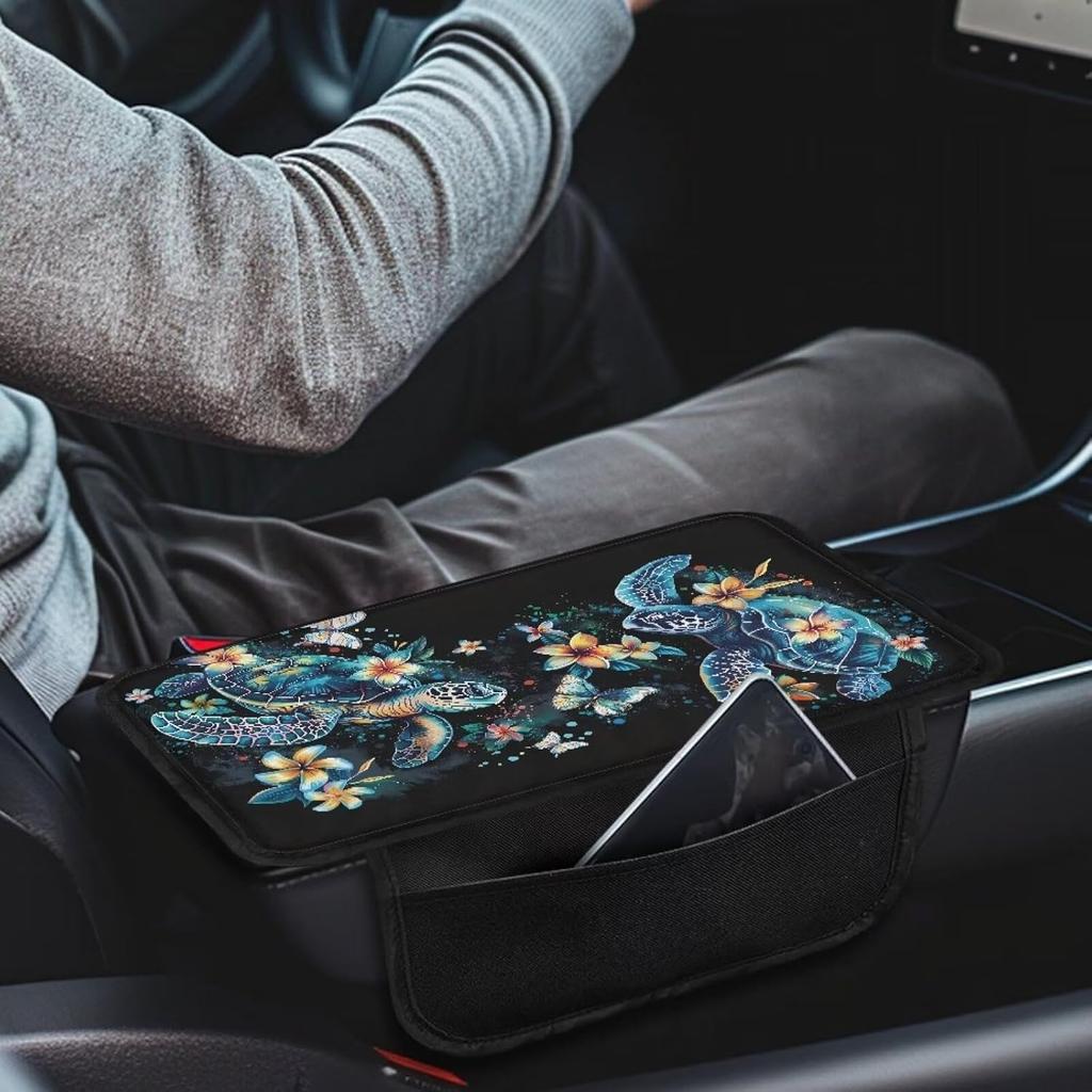 Dreaweet Sea Turtle Car Accessories Center Console Cover Black Car Arm Rest Cover,Car Armrest Box Pad with Pockets,Soft Comfy Arm Rest Cushion Pads