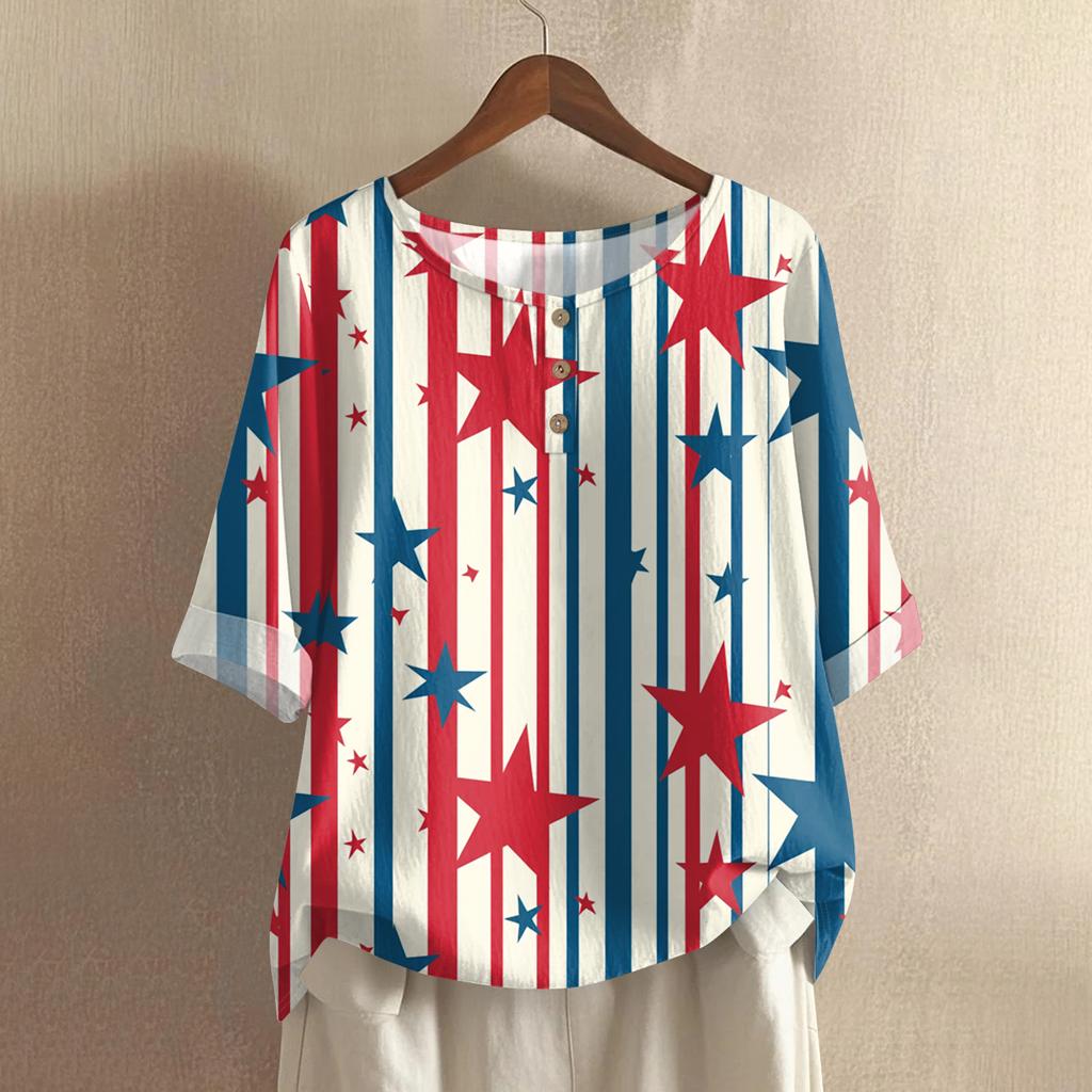 Women's Fashionable And Casual Shirt Half-sleeve Round Neck Print Cotton And Linen Blouse Top