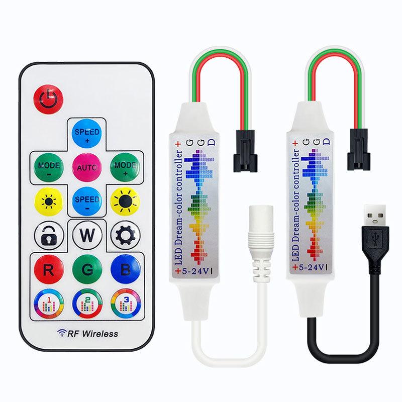17-Key LED Music Strip Controller with USB & DC, Seven-Color 5-24V Remote Dimming