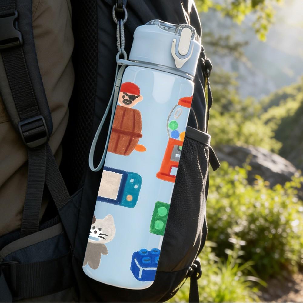 1PC Colorful Daily Life Cartoon Pattern 750ml Color Plastic Sports Water Bottle Leakproof Flip Straw Lid Suitable for Sports Office Home Use