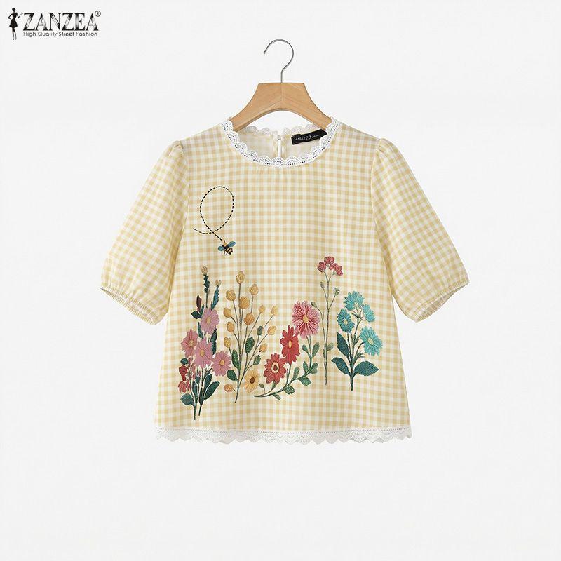 ZANZEA Women Grid Print Casual Round Neck Half Sleeve Blouse