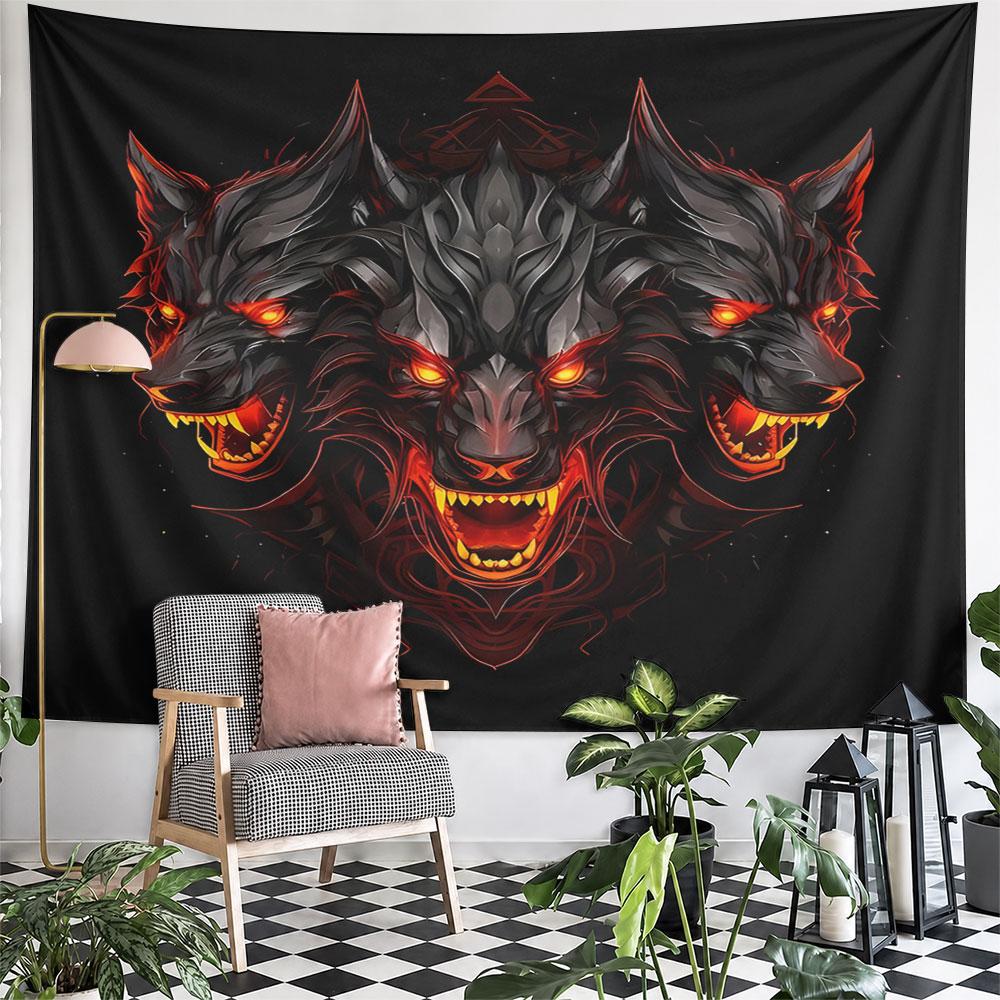 "Triple-Headed Fiery Wolf Design" Pattern Wall Hanging Tapestry Decorative Tapestry Home Decor for Bedroom and Living Room