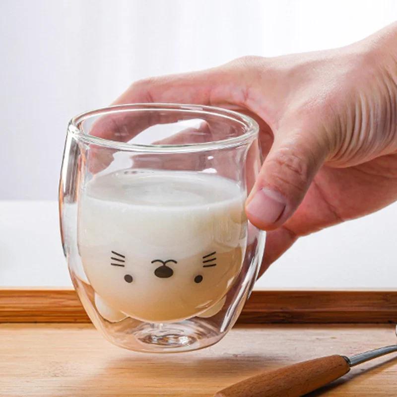 Neue 280 ml süße Bären-Doppelschicht-Kaffeetasse Doppelglastasse Cartoon-Tiermilchglas Dame Katze Ente Bär Tasse Weihnachtsgeschenk