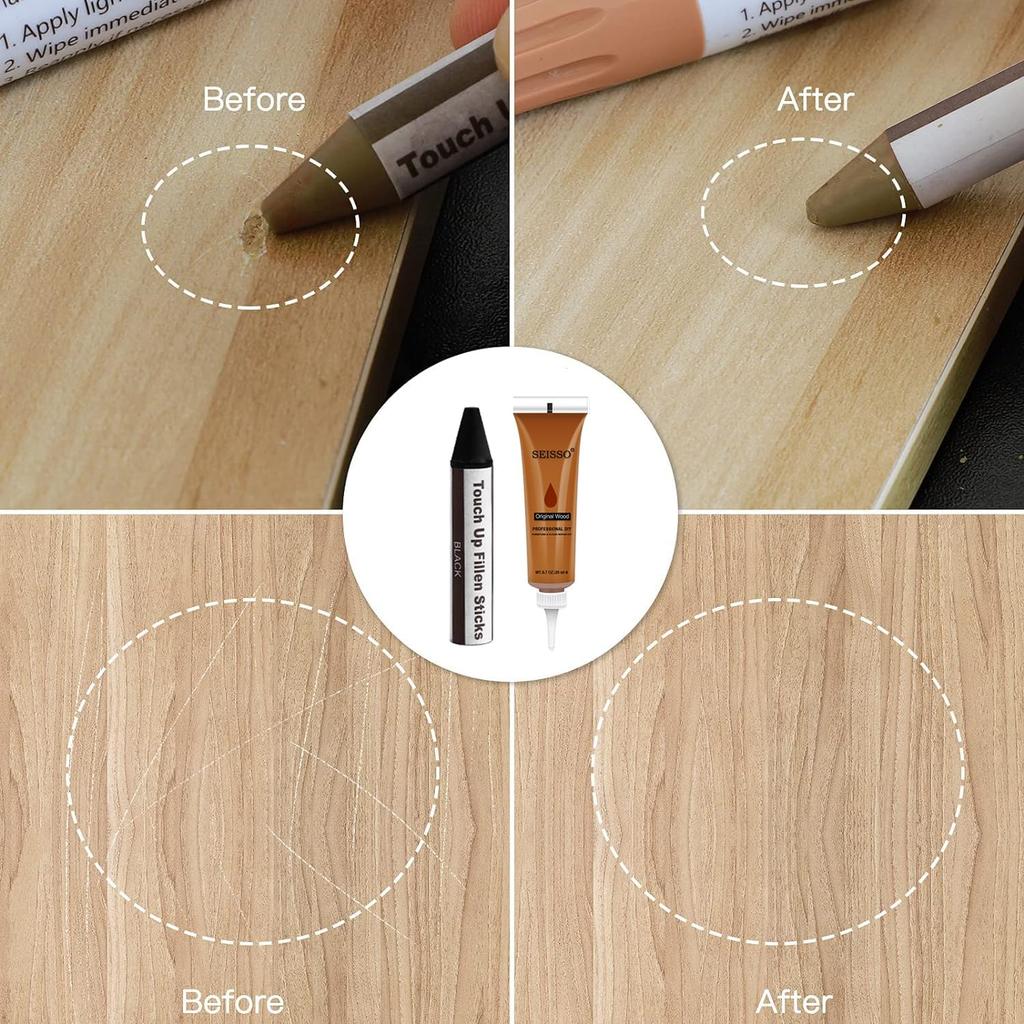 SEISSO Bodenreparaturset für Holzreparatur Kratzer Schraubenloch und Holzmöbelreparatur Kratzer, Creme, Spachtelmasse, Abdecker, Reparatur, Wachsstift,