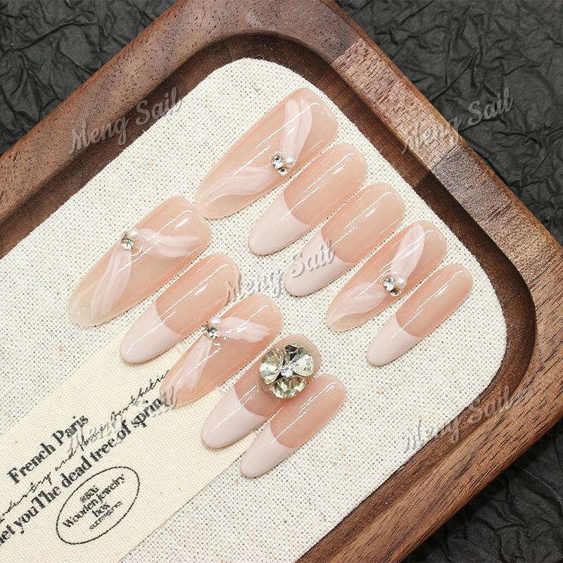 Temperament Artistic Nude Smoky Pink French Ribbon Wearable Handmade False Nail Tips Extra Small